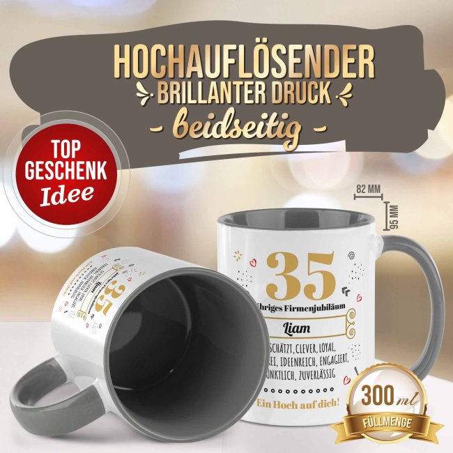 Personalisierte Tasse zum Firmenjubil&auml;um - Ein Hoch auf dich - mit Zahl &amp; Name - Grau