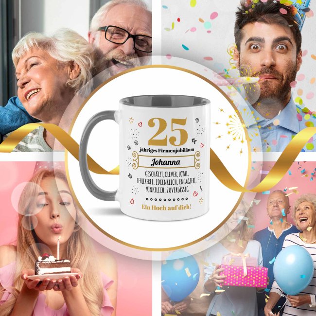 Personalisierte Tasse zum Firmenjubil&auml;um - Ein Hoch auf dich - mit Zahl &amp; Name - Grau
