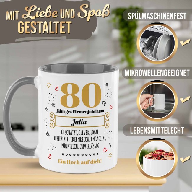 Personalisierte Tasse zum Firmenjubil&auml;um - Ein Hoch auf dich - mit Zahl &amp; Name - Grau