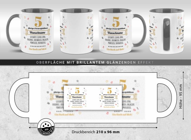 Personalisierte Tasse zum Firmenjubil&auml;um - Ein Hoch auf dich - mit Zahl &amp; Name - Grau