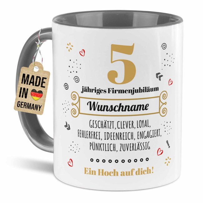 Personalisierte Tasse zum Firmenjubil&auml;um - Ein Hoch auf dich - mit Zahl &amp; Name - Grau