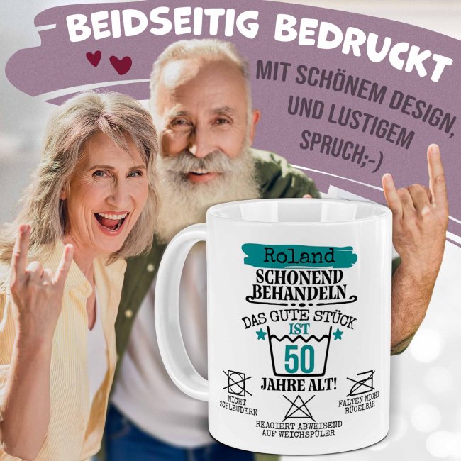 Personalisierte Tasse zum Geburtstag - Schonend behandeln - Das gute St&uuml;ck - M&auml;nnlich - mit Name &amp; Zahl - Wei&szlig;