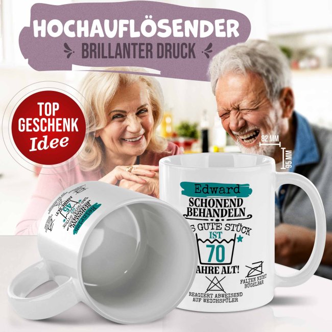Personalisierte Tasse zum Geburtstag - Schonend behandeln - Das gute St&uuml;ck - M&auml;nnlich - mit Name &amp; Zahl - Wei&szlig;