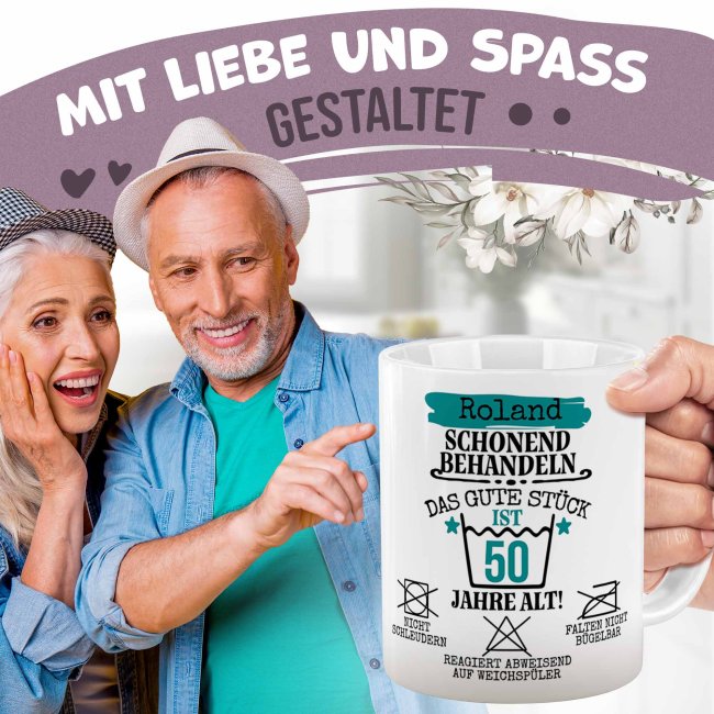 Personalisierte Tasse zum Geburtstag - Schonend behandeln - Das gute St&uuml;ck - M&auml;nnlich - mit Name &amp; Zahl - Wei&szlig;