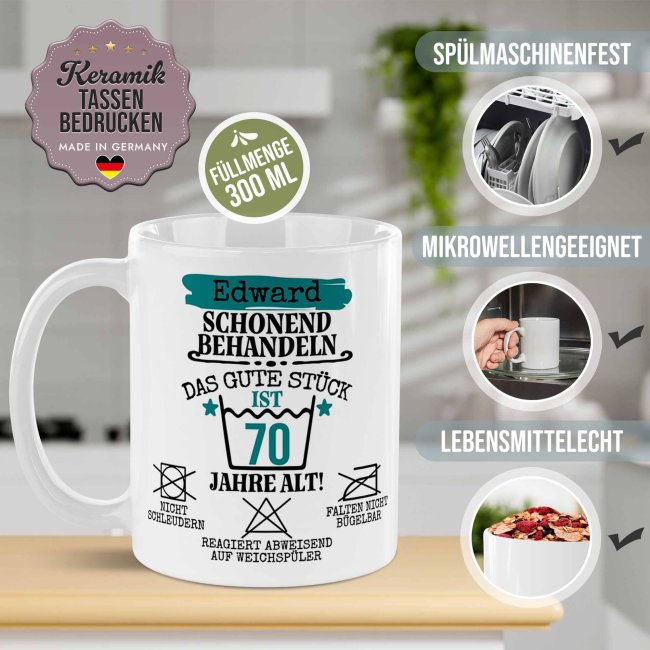 Personalisierte Tasse zum Geburtstag - Schonend behandeln - Das gute St&uuml;ck - M&auml;nnlich - mit Name &amp; Zahl - Wei&szlig;