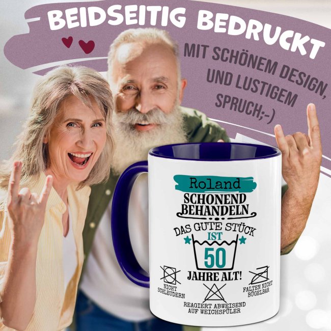 Personalisierte Tasse zum Geburtstag - Schonend behandeln - Das gute St&uuml;ck - M&auml;nnlich - mit Name &amp; Zahl - Dunkelblau