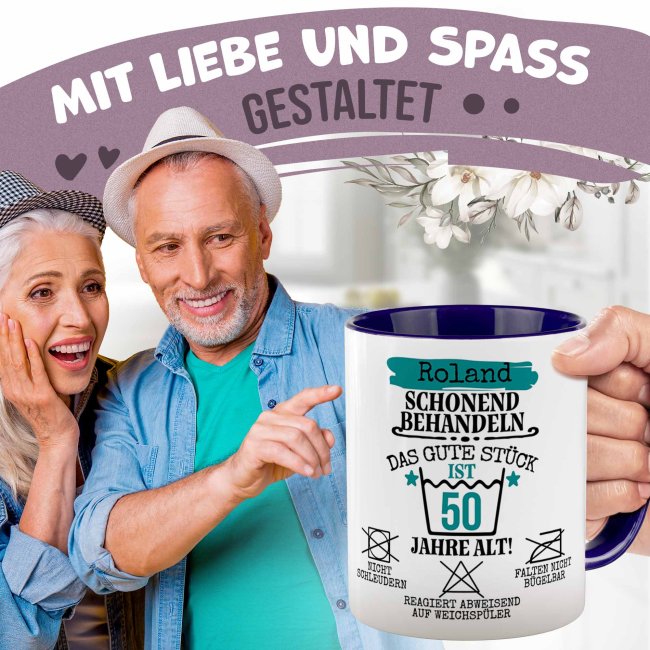 Personalisierte Tasse zum Geburtstag - Schonend behandeln - Das gute St&uuml;ck - M&auml;nnlich - mit Name &amp; Zahl - Dunkelblau