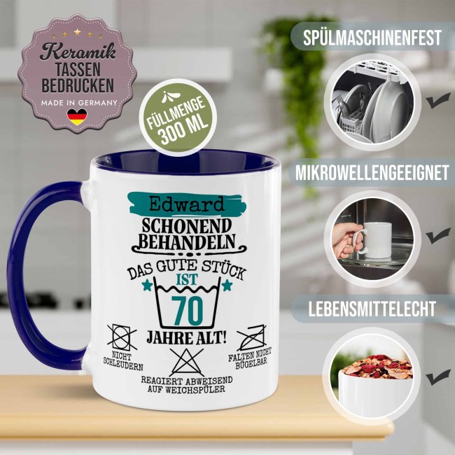 Personalisierte Tasse zum Geburtstag - Schonend behandeln - Das gute St&uuml;ck - M&auml;nnlich - mit Name &amp; Zahl - Dunkelblau