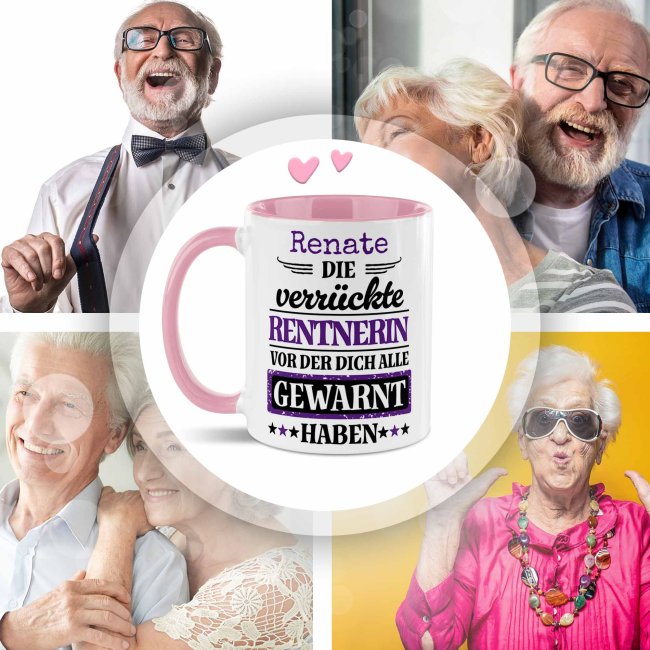 Personalisierte Tasse zur Rente - Verr&uuml;ckte Rentnerin - mit Name - Rosa