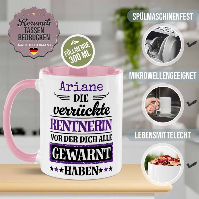 Personalisierte Tasse zur Rente - Verr&uuml;ckte Rentnerin - mit Name - Rosa