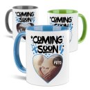 Personalisierte Tasse - Coming soon, blau - mit Foto