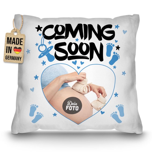 Personalisiertes Kissen zur Schwangerschaft -  Coming soon, blau - mit Foto