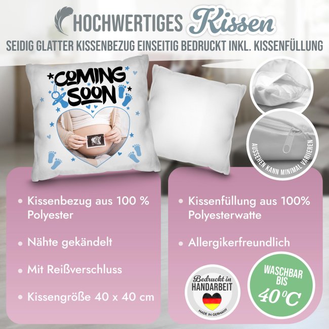 Personalisiertes Kissen zur Schwangerschaft -  Coming soon, blau - mit Foto