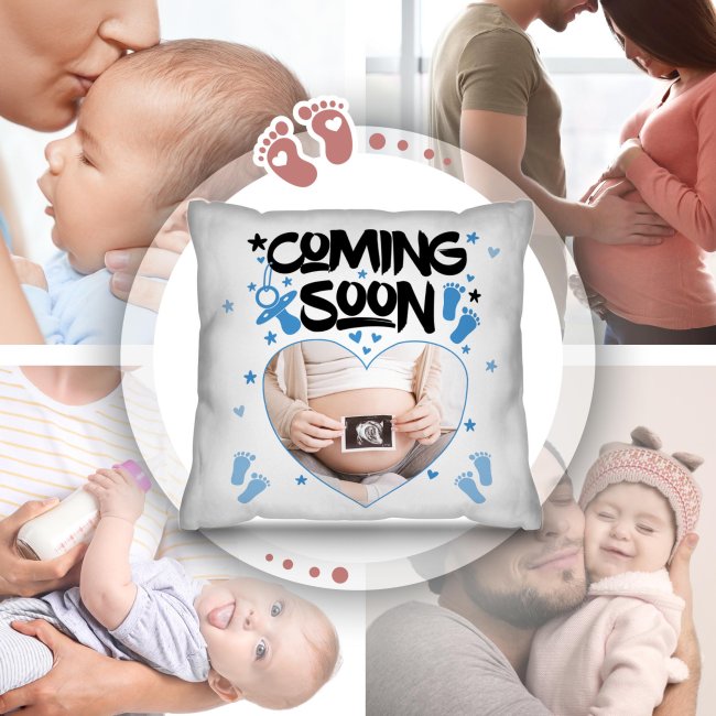 Personalisiertes Kissen zur Schwangerschaft -  Coming soon, blau - mit Foto