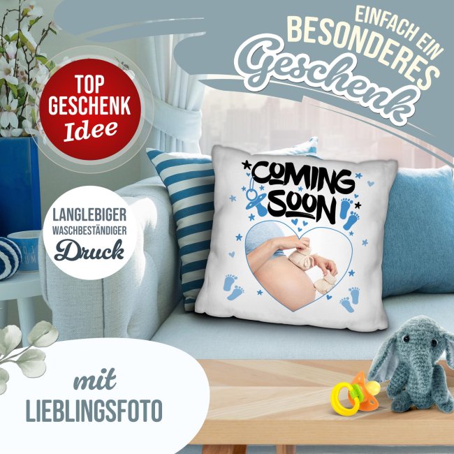 Personalisiertes Kissen zur Schwangerschaft -  Coming soon, blau - mit Foto