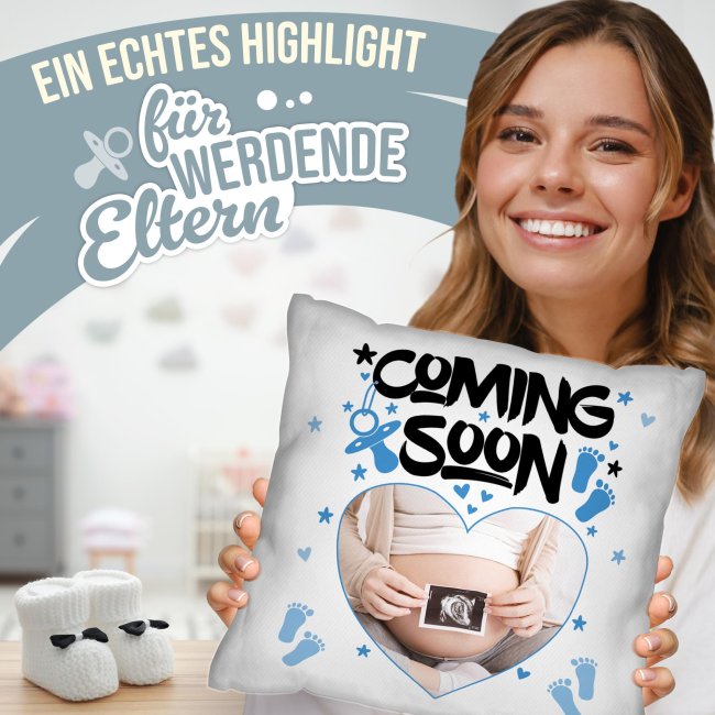 Personalisiertes Kissen zur Schwangerschaft -  Coming soon, blau - mit Foto