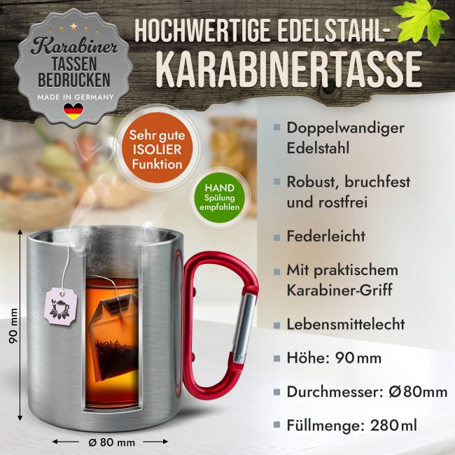 Edelstahl-Thermobecher mit Karabiner selbst gestalten - mit 5 Zeilen Wunschtext, rot 280 ml