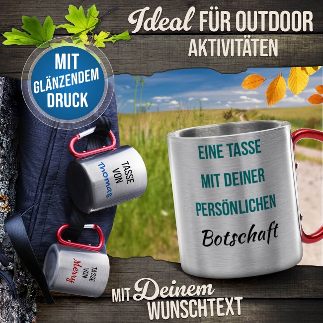 Edelstahl-Thermobecher mit Karabiner selbst gestalten - mit 5 Zeilen Wunschtext, rot 280 ml
