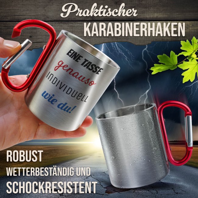 Edelstahl-Thermobecher mit Karabiner selbst gestalten - mit 5 Zeilen Wunschtext, rot 280 ml