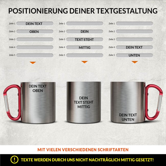 Edelstahl-Thermobecher mit Karabiner selbst gestalten - mit 5 Zeilen Wunschtext, rot 280 ml