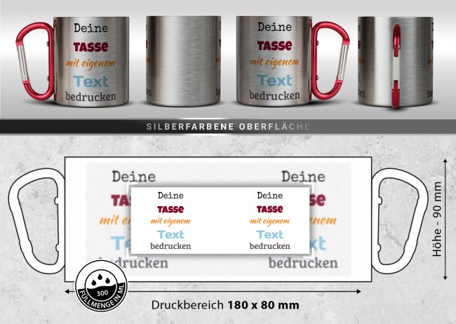 Edelstahl-Thermobecher mit Karabiner selbst gestalten - mit 5 Zeilen Wunschtext, rot 280 ml