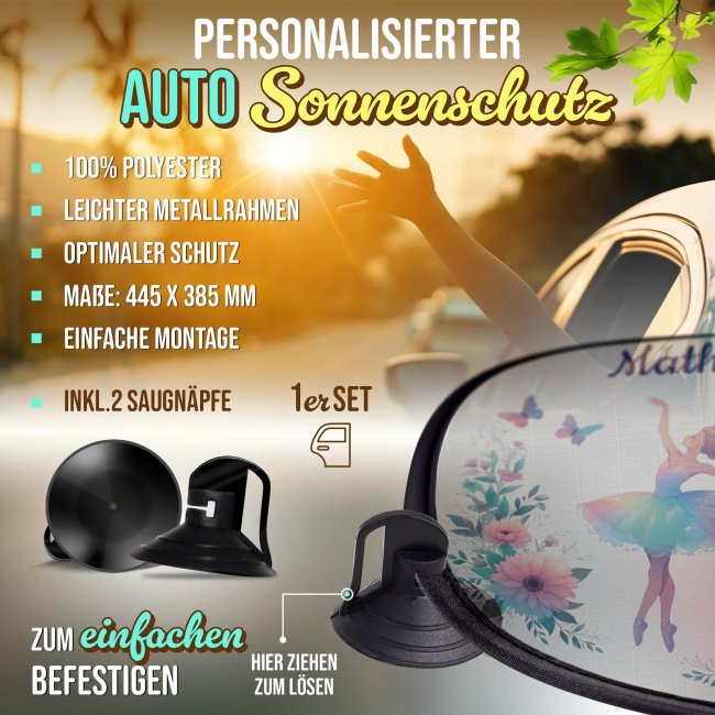 Auto-Sonnenschutz - Ballerina und Blumen - mit Name
