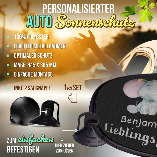 Auto-Sonnenschutz - Lieblingsplatz - Elefant - mit Name