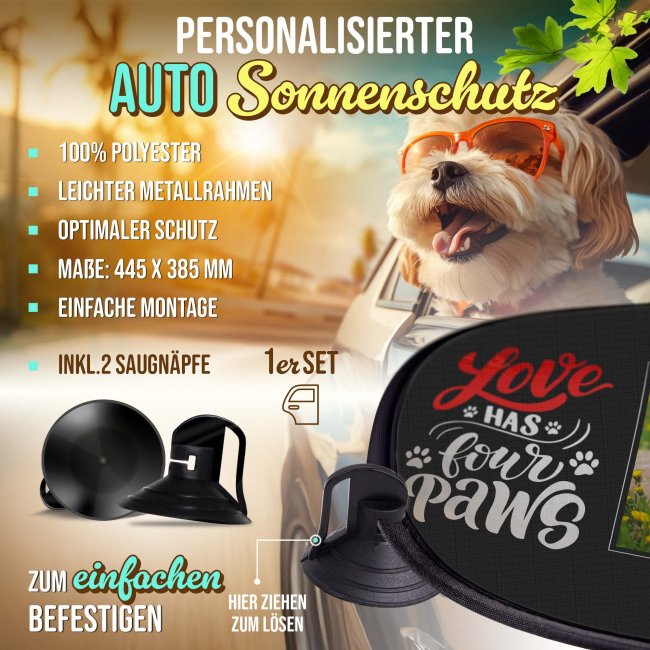 Auto-Sonnenschutz - Hund - Love has four paws - mit Foto