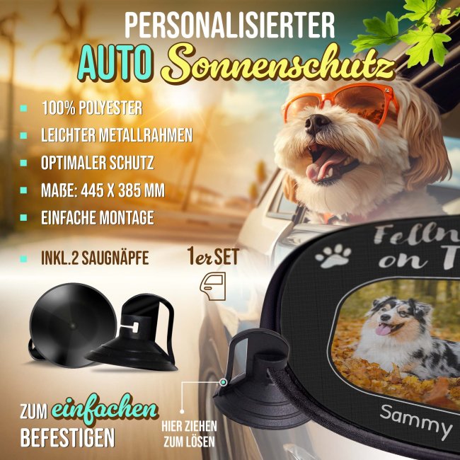 Auto-Sonnenschutz - Hund - Fellnase on Tour - mit Name &amp; Foto