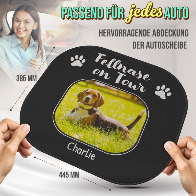 Auto-Sonnenschutz - Hund - Fellnase on Tour - mit Name &amp; Foto