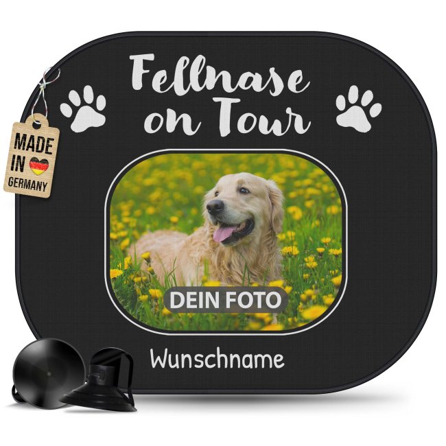 Auto-Sonnenschutz - Hund - Fellnase on Tour - mit Name &amp; Foto