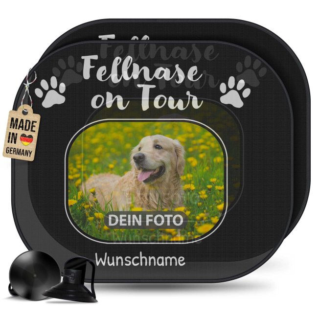 Auto-Sonnenschutz - Hund - Fellnase on Tour - mit Name &amp; Foto - 2er-Set