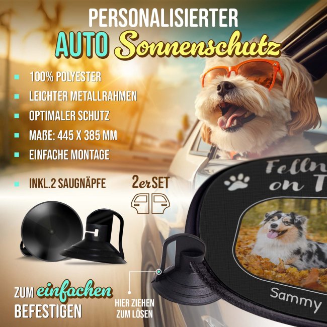 Auto-Sonnenschutz - Hund - Fellnase on Tour - mit Name &amp; Foto - 2er-Set