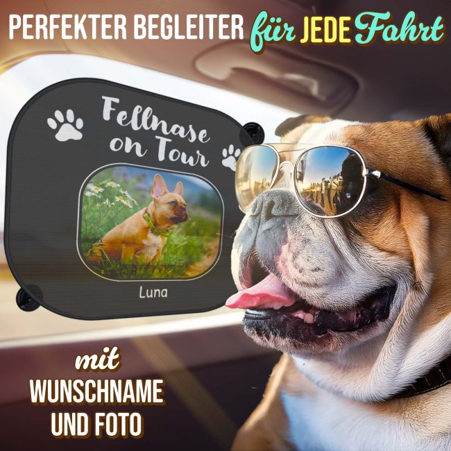 Auto-Sonnenschutz - Hund - Fellnase on Tour - mit Name &amp; Foto - 2er-Set