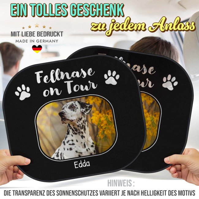 Auto-Sonnenschutz - Hund - Fellnase on Tour - mit Name &amp; Foto - 2er-Set