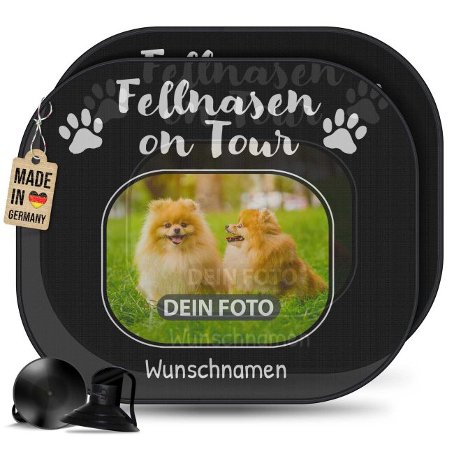 Auto-Sonnenschutz - Hunde - Fellnasen on Tour - mit Name &amp; Foto - 2er-Set