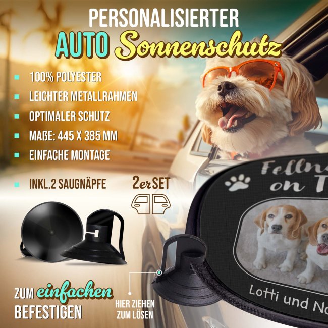 Auto-Sonnenschutz - Hunde - Fellnasen on Tour - mit Name &amp; Foto - 2er-Set