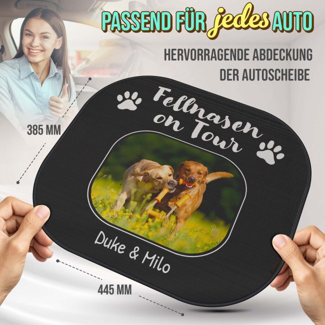 Auto-Sonnenschutz - Hunde - Fellnasen on Tour - mit Name &amp; Foto - 2er-Set