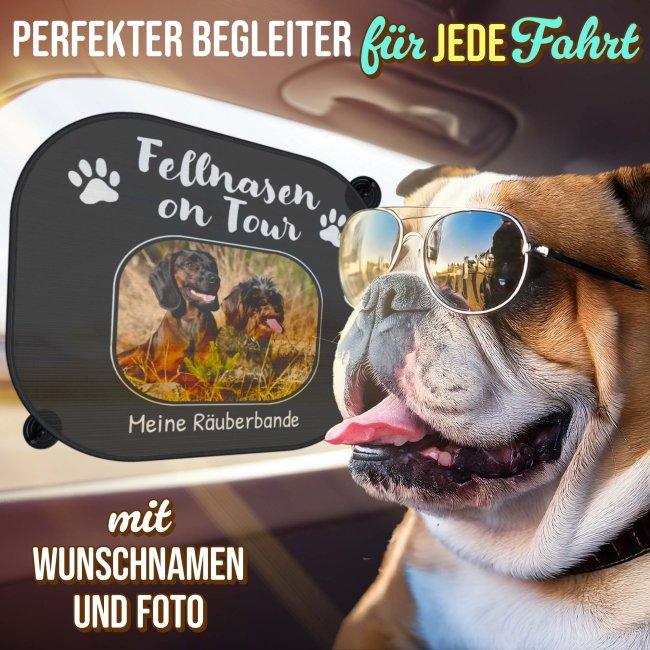 Auto-Sonnenschutz - Hunde - Fellnasen on Tour - mit Name &amp; Foto - 2er-Set