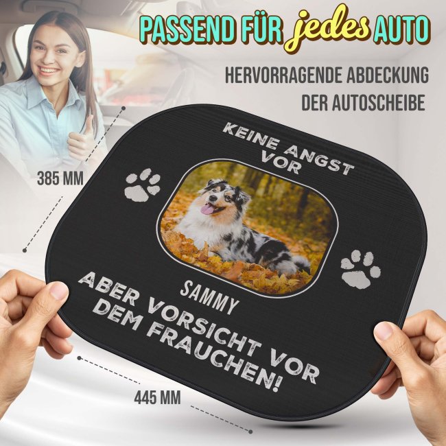 Auto-Sonnenschutz - Hund - Vorsicht vor dem Frauchen - mit Name &amp; Foto