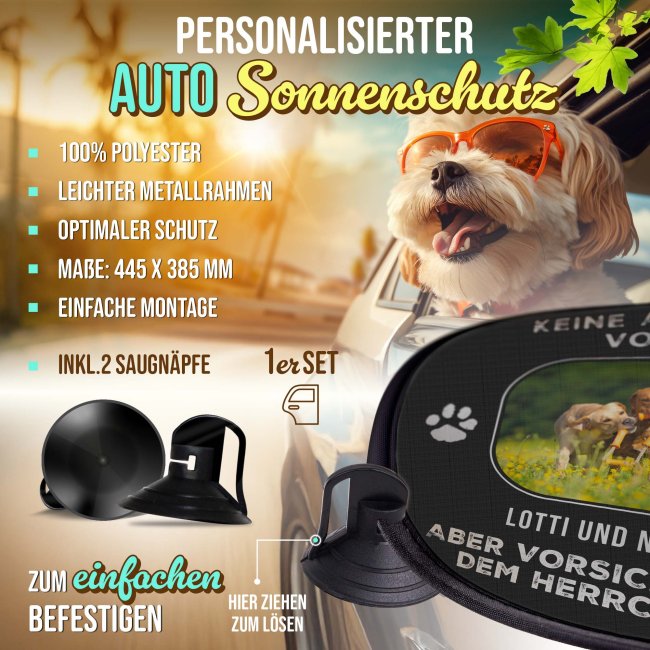 Auto-Sonnenschutz - Hund - Vorsicht vor dem Herrchen - mit Name &amp; Foto