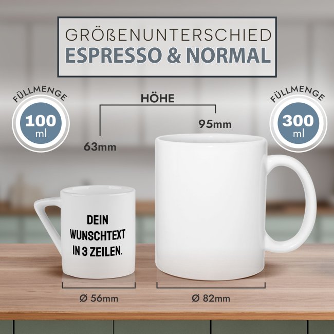 Espresso Tasse - Text beidseitig - Porzellan - Henkel eckig, mit Untertasse, 100 ml
