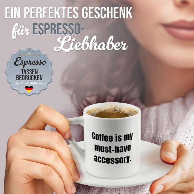 Espresso Tasse - Text beidseitig - Porzellan - Henkel eckig, mit Untertasse, 100 ml