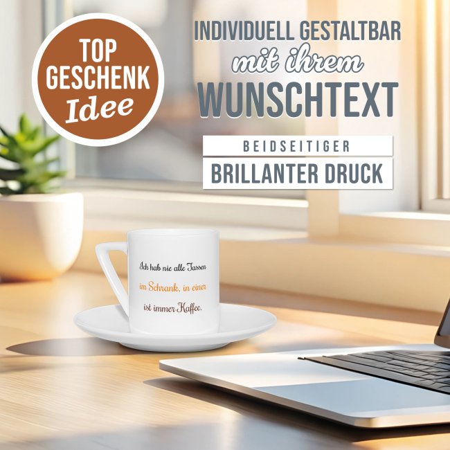 Espresso Tasse - Text beidseitig - Porzellan - Henkel eckig, mit Untertasse, 100 ml