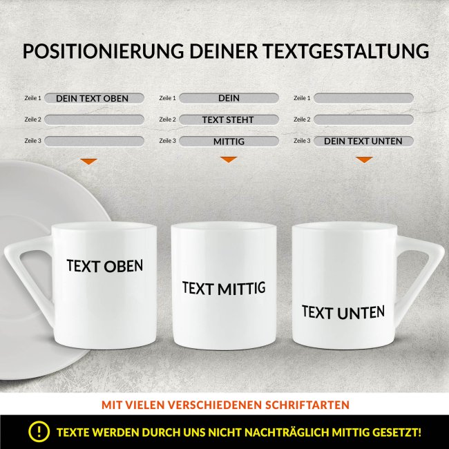 Espresso Tasse - Text beidseitig - Porzellan - Henkel eckig, mit Untertasse, 100 ml