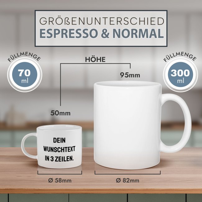 Espresso Tasse aus Keramik - mit Wunschtext bedrucken, mittig - Henkel rund, mit Untertasse, 70 ml