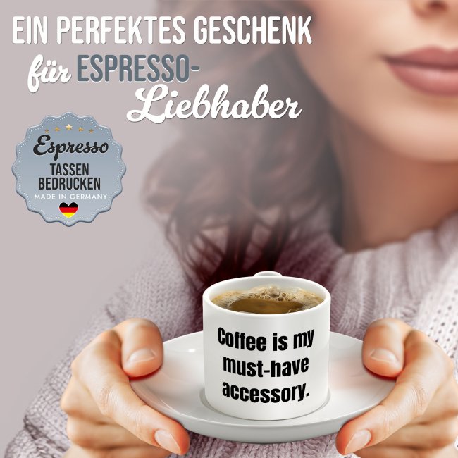 Espresso Tasse aus Keramik - mit Wunschtext bedrucken, mittig - Henkel rund, mit Untertasse, 70 ml