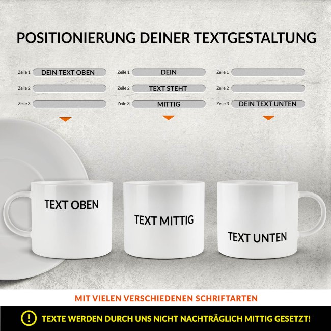 Espresso Tasse aus Keramik - mit Wunschtext bedrucken, mittig - Henkel rund, mit Untertasse, 70 ml