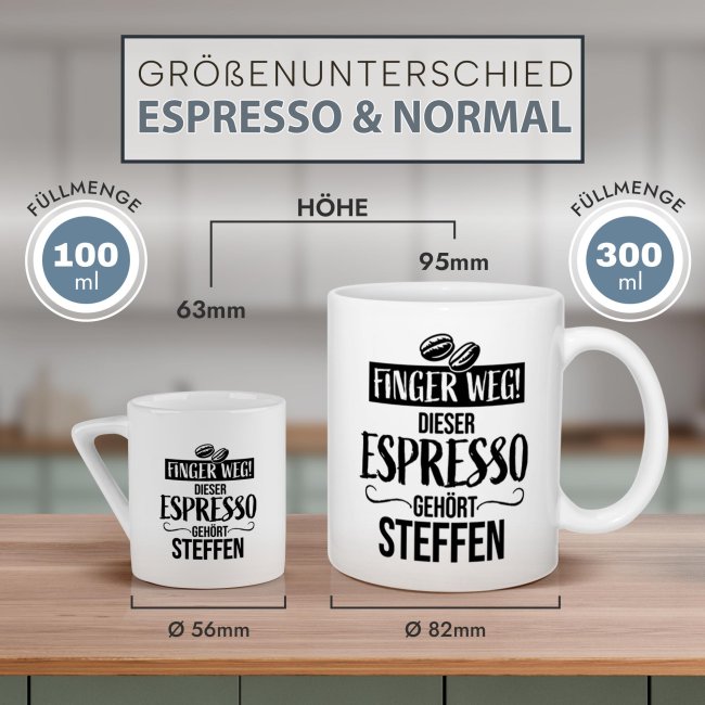Espresso Tasse aus Porzellan mit Name - Finger weg! Dieser Espresso geh&ouml;rt - Henkel eckig, mit Untertasse, 100 ml