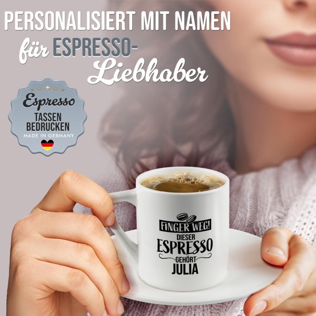 Espresso Tasse aus Porzellan mit Name - Finger weg! Dieser Espresso geh&ouml;rt - Henkel eckig, mit Untertasse, 100 ml